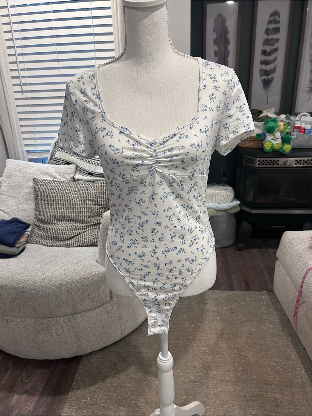 Floral Ruched Front Scoop Neck Bodysuit